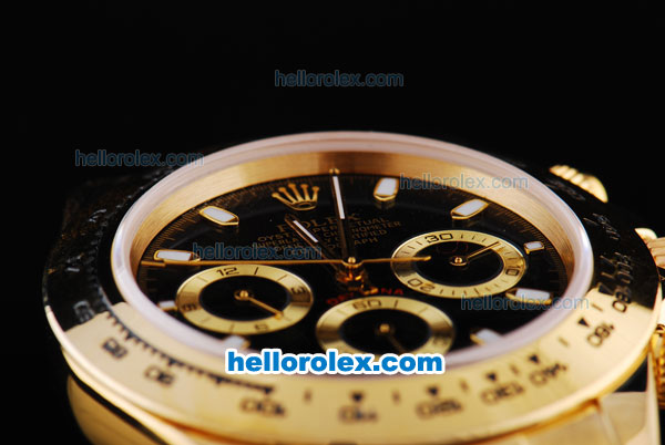 Rolex Daytona Oyster Perpetual Chronometer Automatic Gold Case with Black Dial and White Marking-Leather Strap - Click Image to Close
